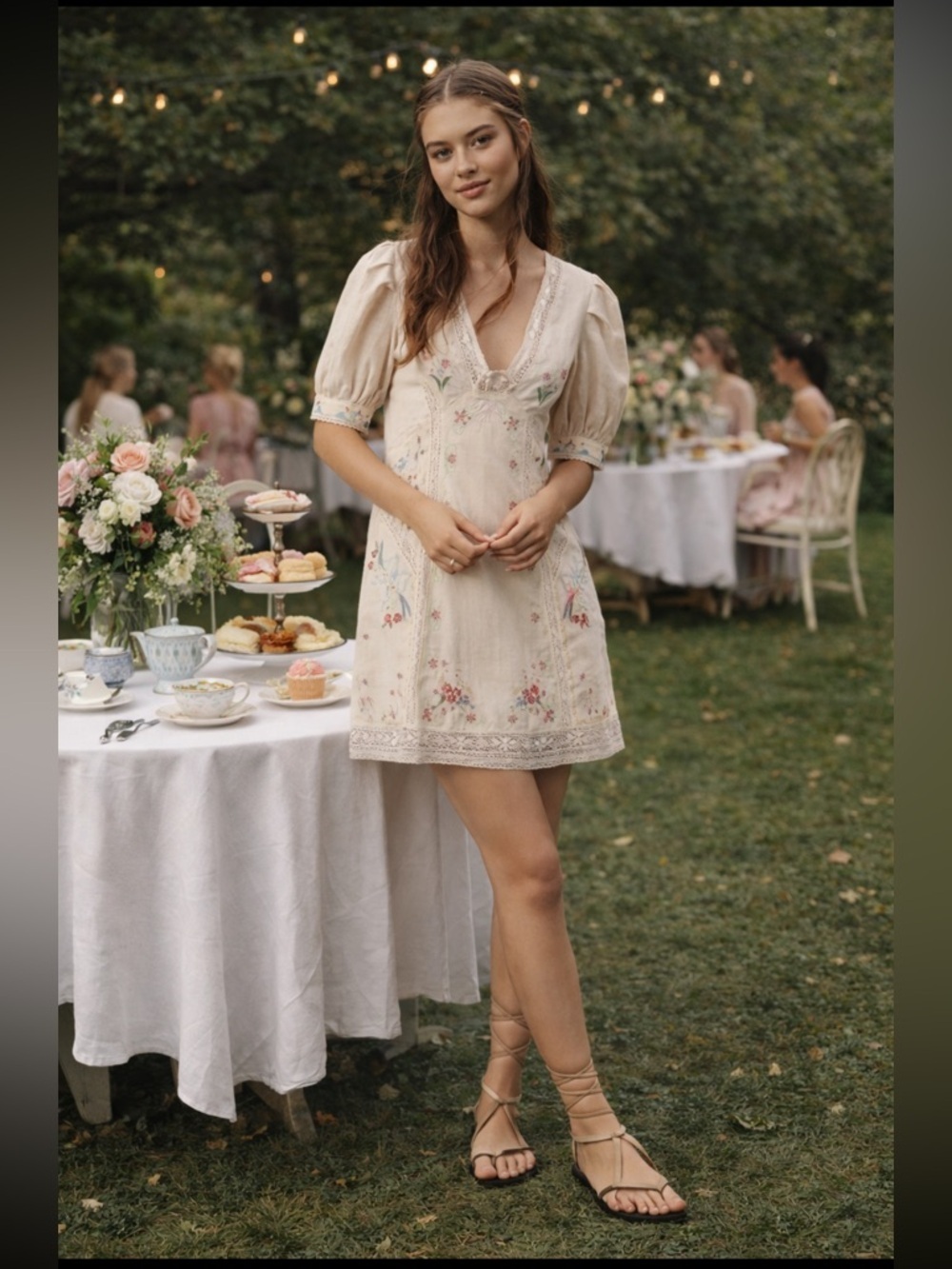Anthropologie NWT Linen Blend Puff-Sleeve V-Neck Embroidered Mini Dress size 4.
